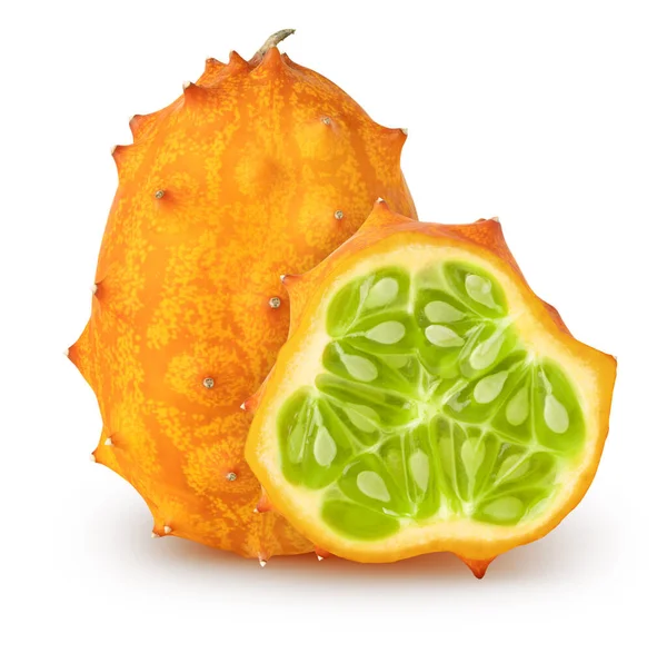 Afzonderlijke Kiwano Hele Kiwano Meloen Fruit Met Plak Geïsoleerd Witte — Stockfoto