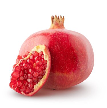İzole edilmiş nar. Beyaz zemin üzerinde bir parça izole edilmiş, kırpma yolu ile tam nar meyvesi