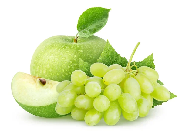 Fruits Isolés Pommes Entières Mouillées Morceau Raisin Vert Jaune Avec — Photo
