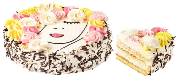 Cake Cream Flowersa Woman Portrait Birthday Cream Pie Slice Isolated — Stock Photo, Image