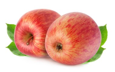 İzole edilmiş elmalar. Beyaz arka planda iki kırmızı elma meyvesi, kırpma yolu ile izole edilmiş.