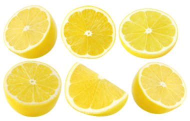 Limon meyvesi koleksiyonu. Yarısı, beyaz kesme yolunda izole edilmiş dilimler.