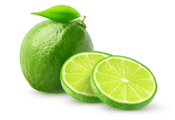Egész Lime Gyümölcs Szeletek Elszigetelt Fehér Háttér Nyírás Útvonal — Stock Fotó