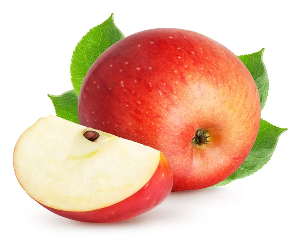 Изолированные Яблоки Целый Красный Плод Яблока Кусок Листьями Изолированы Белом — стоковое фото
