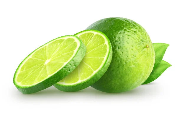 Isolated Lime Slices Whole Sliced Lime Fruits Leaves Isolated White — Stock Photo, Image