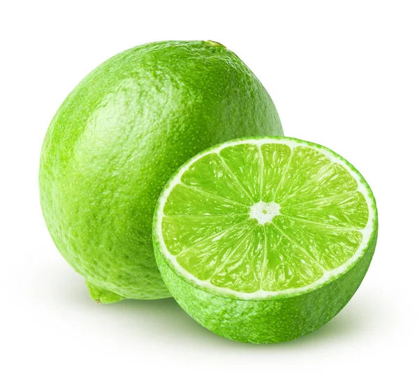 Elszigetelt Lime Egész Lime Gyümölcs Félig Elszigetelt Fehér Alapon Nyírás — Stock Fotó