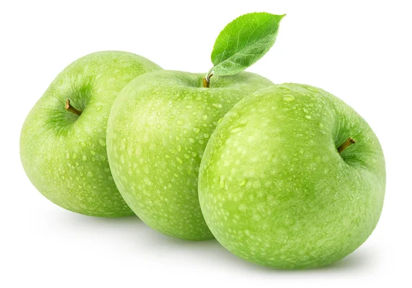 Manzanas Húmedas Aisladas Tres Frutas Manzana Verdes Enteras Aisladas Sobre — Foto de Stock