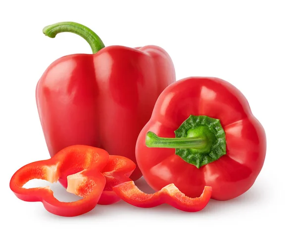 Isolerad Paprika Två Hela Röda Bell Pepper Med Skivor Isolerade — Stockfoto