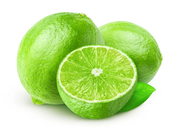 Geïsoleerde Limoenen Twee Hele Limoenvruchten Half Met Blad Geïsoleerd Witte — Stockfoto