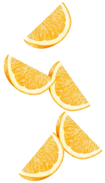 Izolované Létající Pomeranče Padající Oranžové Kousky Izolovaných Bílém Pozadí Ořezovou — Stock fotografie