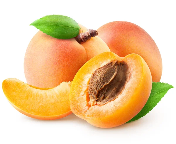 Isolated Group Apricots Two Whole Apricot Piece Half Leaves Isolated — Stock Photo, Image
