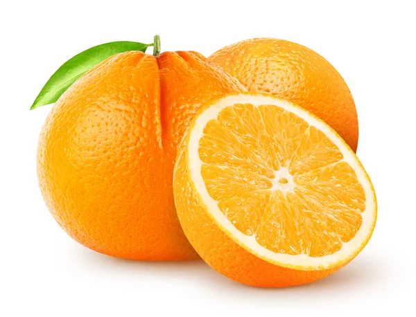 孤立的橘子 两个完整的橙色水果与半孤立的白色背景与剪裁路径 — 图库照片