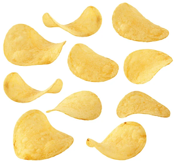 Chips Collectie Aardappel Chips Verschillende Positie Hoek Geïsoleerd Wit Met — Stockfoto