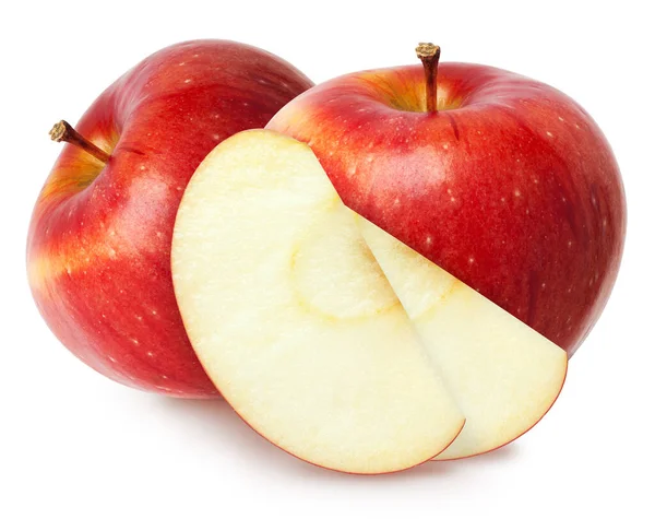 Изолированные Яблоки Два Красных Яблочных Фрукта Ломтиками Вырезать Изолированы Белом — стоковое фото