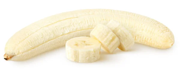 Isolierte Bananen Geschälte Bananenfrucht Mit Scheiben Isoliert Auf Weißem Hintergrund — Stockfoto