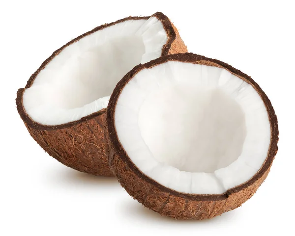 Kokosy Białym Tle Dwa Plasterki Pół Kokosowe Białym Tle Białe — Zdjęcie stockowe