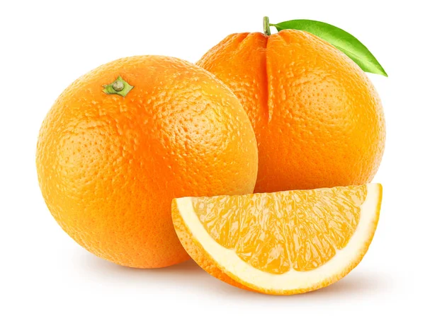 Izolované Pomeranče Dva Oranžové Celé Ovoce Kusem Izolovaných Bílém Pozadí — Stock fotografie