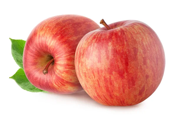 Απομονωμένα Μήλα Δύο Κόκκινα Φρούτα Μήλου Φύλλα Που Απομονώνονται Λευκό — Φωτογραφία Αρχείου