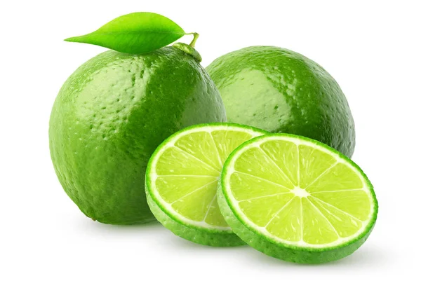 Two Whole Lime Fruits Slices Isolated White Background Clipping Path — Stock Photo, Image