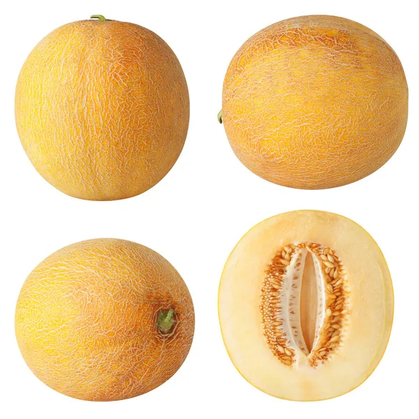 Geïsoleerde Meloen Collectie Gele Meloen Fruit Geïsoleerd Witte Achtergrond Met — Stockfoto