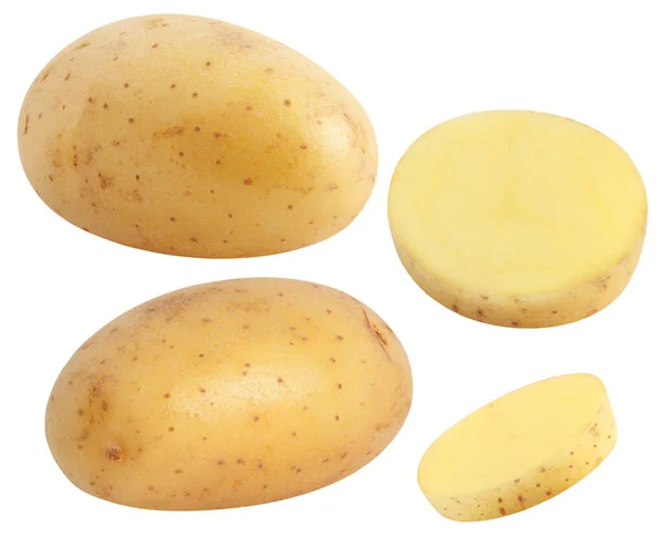 Patatas Aisladas Colección Trozos Enteros Cortados Patatas Aisladas Blanco Con —  Fotos de Stock