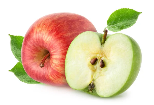 Απομονωμένα Μήλα Κόκκινο Μήλο Φρούτα Πράσινο Μισό Απομονώνονται Λευκό Φόντο — Φωτογραφία Αρχείου