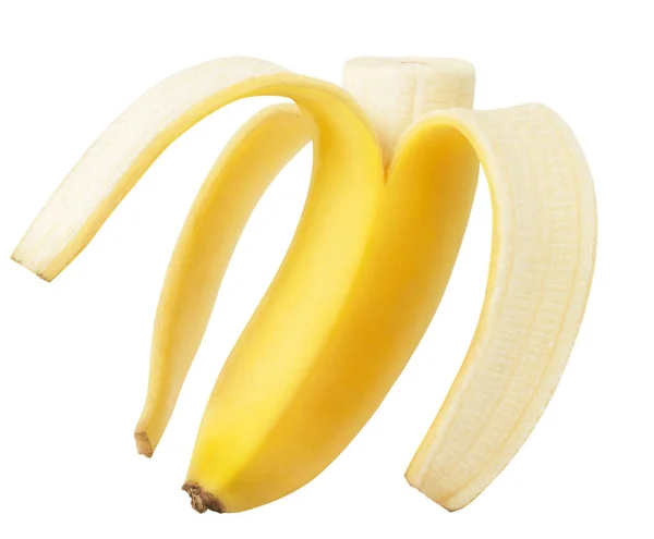 Banano Pelado Aislado Media Fruta Plátano Aislada Blanco Con Camino — Foto de Stock