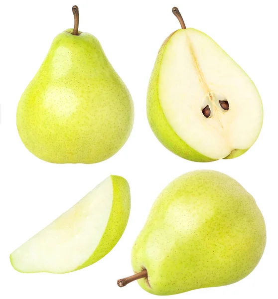 Isolated Pears Collection Whole Sliced Pear Fruits Leaves Isolated White — Stock Photo, Image