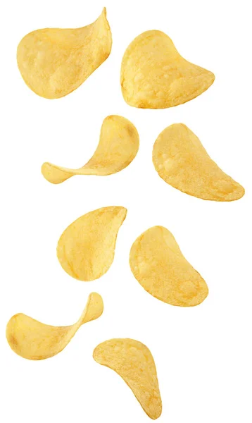 Geïsoleerde Chips Dalende Potato Chips Geïsoleerd Een Witte Achtergrond Met — Stockfoto