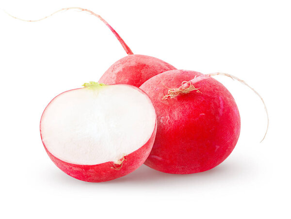 Isolated radishes. Raw two radish vegetables with half isolated on white background with clipping path