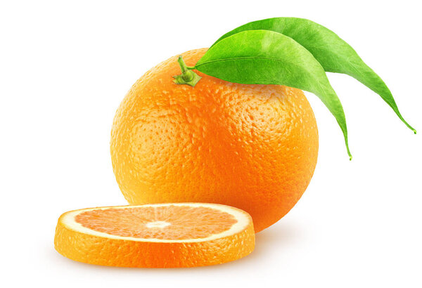 Isolated oranges. Whole orange with leaves and slice isolated on white background with clipping path