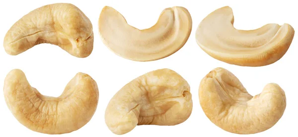Izolované Pečené Kešu Ořechy Kolekce Pražených Kešu Ořechů Půlky Různé — Stock fotografie