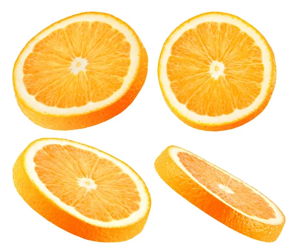 Colección Rodajas Naranja Cuatro Ángulos Diferentes Rebanada Fruta Naranja Aislada — Foto de Stock
