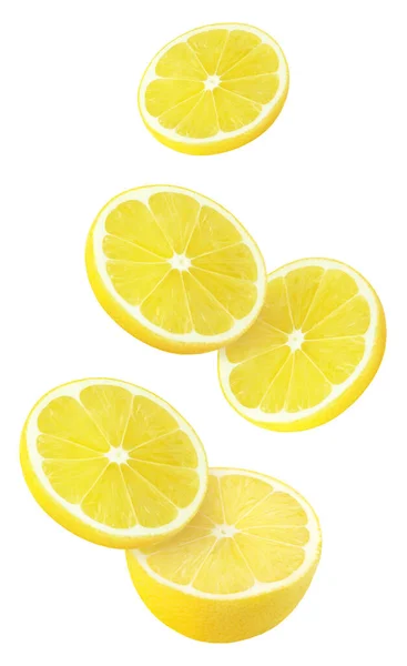 Απομονωμένα Ιπτάμενα Λεμόνια Πτώση Φέτες Λεμονιού Φρούτα Απομονώνονται Λευκό Φόντο — Φωτογραφία Αρχείου