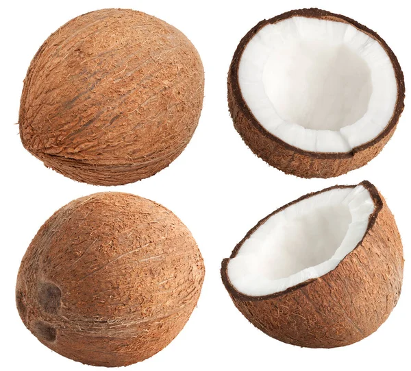 Kolekcja Białym Tle Kokosowe Całość Połowa Lukier Białym Tle Białe — Zdjęcie stockowe