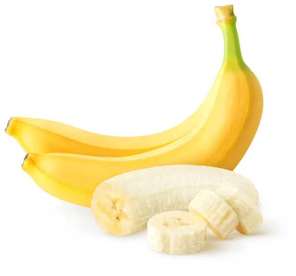 隔離されたバナナ クリッピングパスと白の背景に隔離された全体と皮をむいたバナナフルーツ — ストック写真