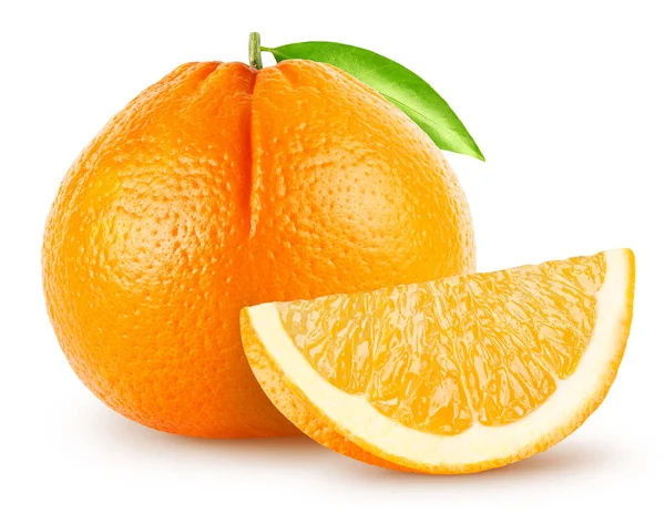 孤立的橘子 全单一的橙色水果与叶子和片断查出在白色背景剪裁路径 图库图片