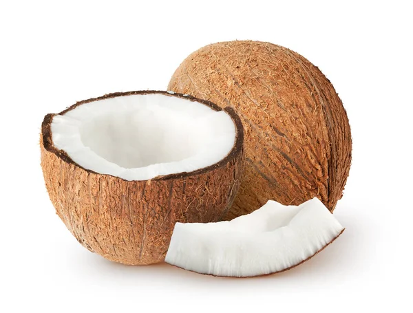 Isolated Coconuts Whole Half Piece Isolated White Background Clipping Path Stock Photo