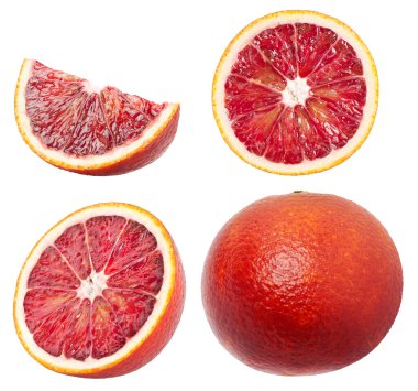 Kan portakalı koleksiyonu. Tam, yarısı, dilimler ve bir parça kırmızı portakal meyvesi kesme yolu ile beyaz arka planda izole.