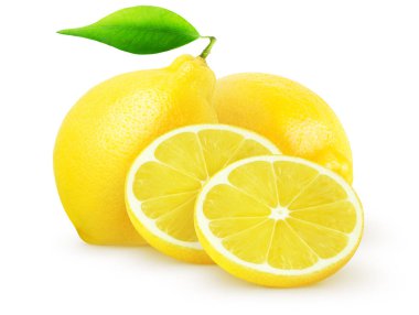 İzole limon. İki bütün limon meyve ve beyaz kırpma yoluyla izole dilimleri