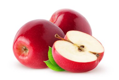 İzole elma. İki bütün kırmızı, pembe elma meyve ve yarısı kırpma yolu ile beyaz arka plan üzerinde izole yaprakları ile