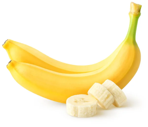 隔離されたバナナ 2つのバナナフルーツの皮をむいたスライスを白の背景にクリッピングパスで分離 — ストック写真
