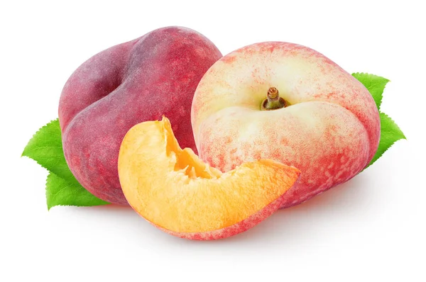 Pêssegos Planos Isolados Duas Frutas Pêssego Planas Forma Coração Uma — Fotografia de Stock