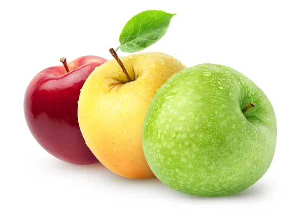 Izolované Mokrá Jablka Zelené Žluté Červené Jablko Ovoce Izolovaných Bílém — Stock fotografie