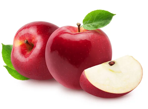 Изолированные Яблоки Два Целых Красных Розовые Яблочные Фрукты Ломтиком Изолированы — стоковое фото
