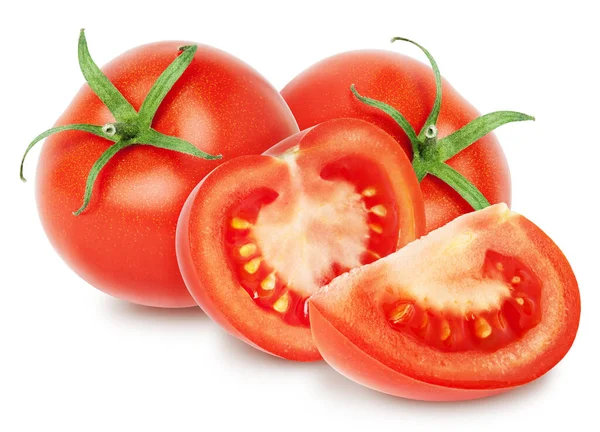 孤立的番茄 两个完整的西红柿片和切片 在白色上隔离 有剪切路径 — 图库照片