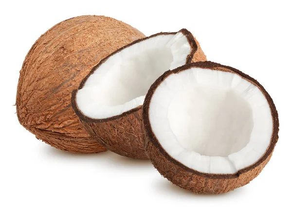 Isolierte Kokosnüsse Ganze Kokosnuss Halb Isoliert Auf Weiß Mit Schneideweg — Stockfoto