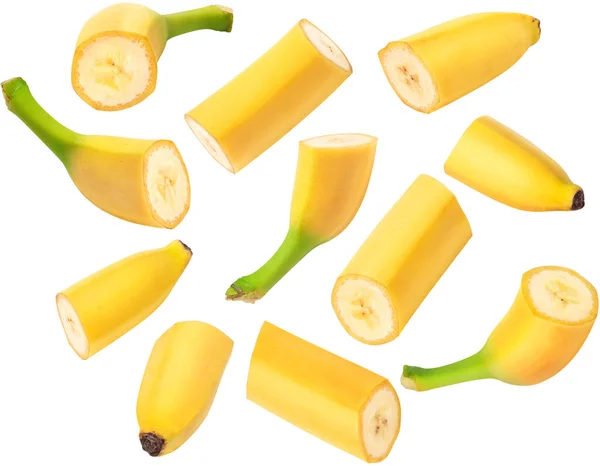 Plátanos Aislados Colección Frutos Plátano Deslizados Aislados Sobre Fondo Blanco —  Fotos de Stock