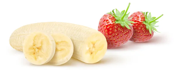 Frutos Aislados Mitad Plátano Rodajas Con Fresas Aisladas Sobre Fondo —  Fotos de Stock