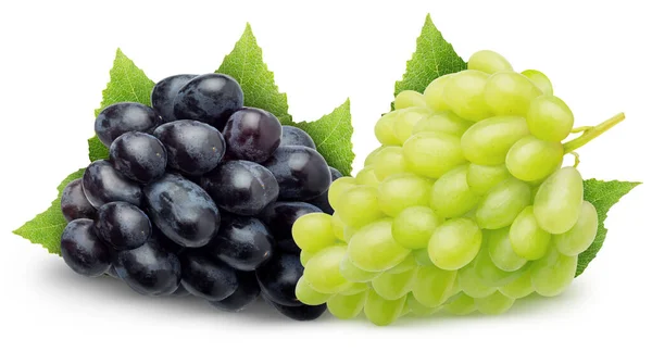 Изолированные Сорта Винограда Куча Темно Синего Белого Винограда Томпсон Листьями — стоковое фото